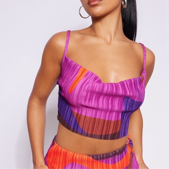 PrettyLittleThing Tops - NWT Pretty Little Thing Plus Pink Plissé Strappy Cowl Neck Crop Top US 18